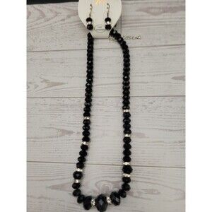 French Jet Black Glass Beaded Rhinestone Necklace & Earring Set